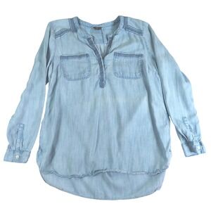 Eddie Bauer Chambray Popover Top Blue Lightweight Denim Boho Coastal Cottagecore